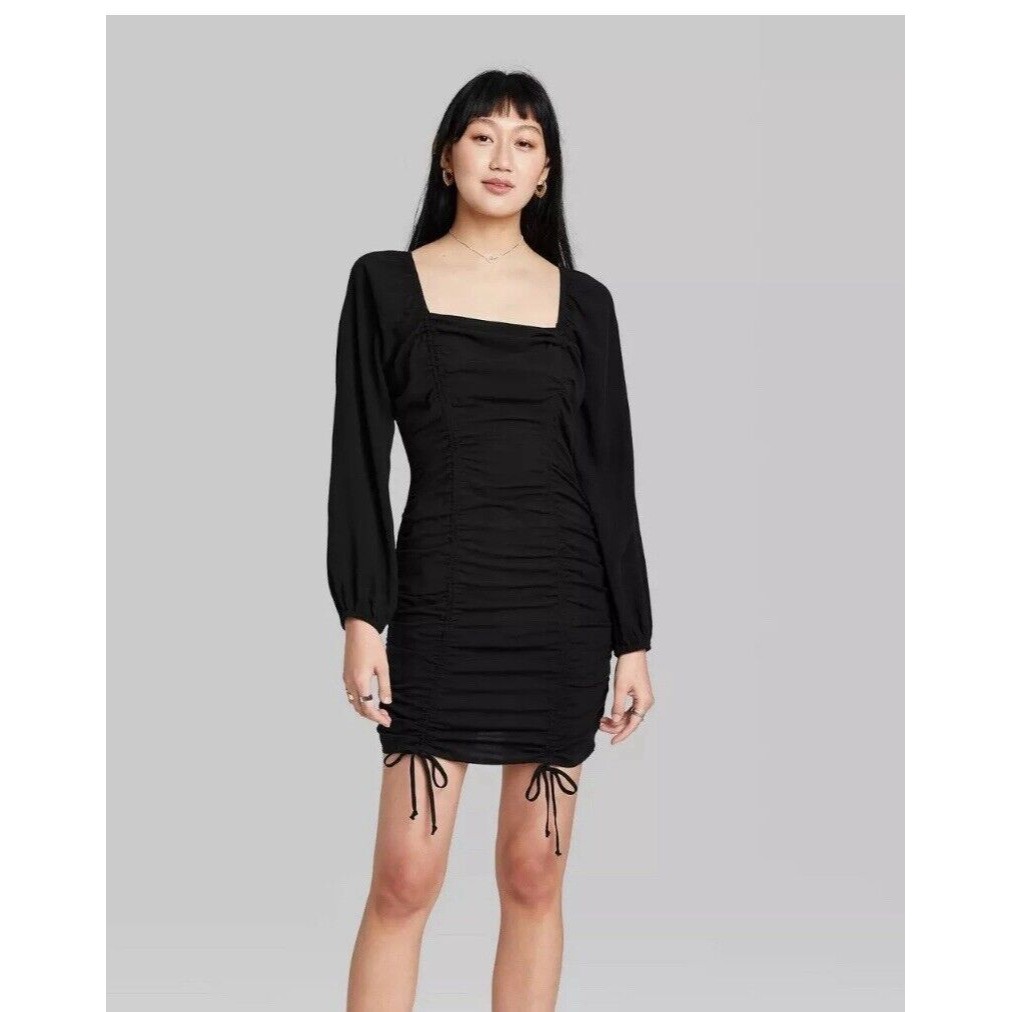 Wild Fable Womens Medium Black Puff Long Sleeve Double Ruched Dress Mini Nwt